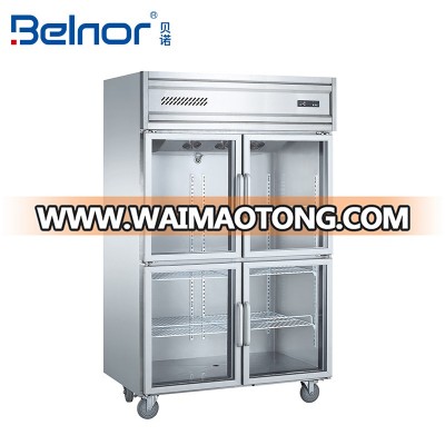 Stainless steel 4 door glass door commercial kitchen upright refrigerator fridge freezer